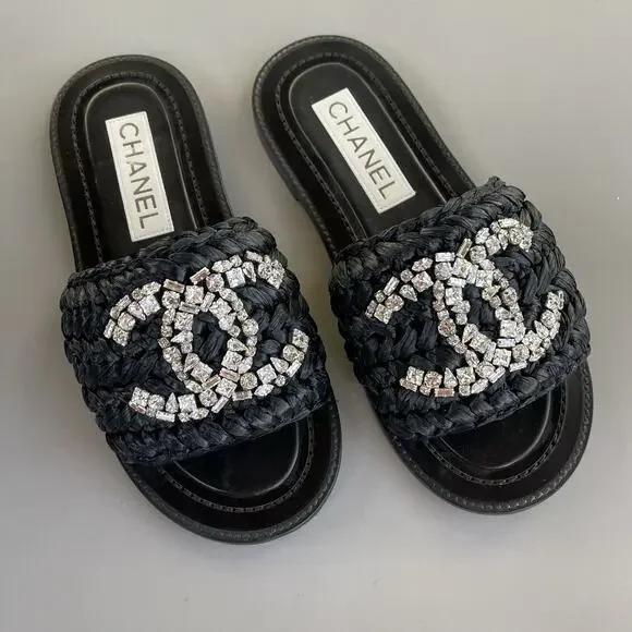 Chanel Black Raffia Sandals With Crystal Embellishments CC Logo 36C - Picture 2 of 14